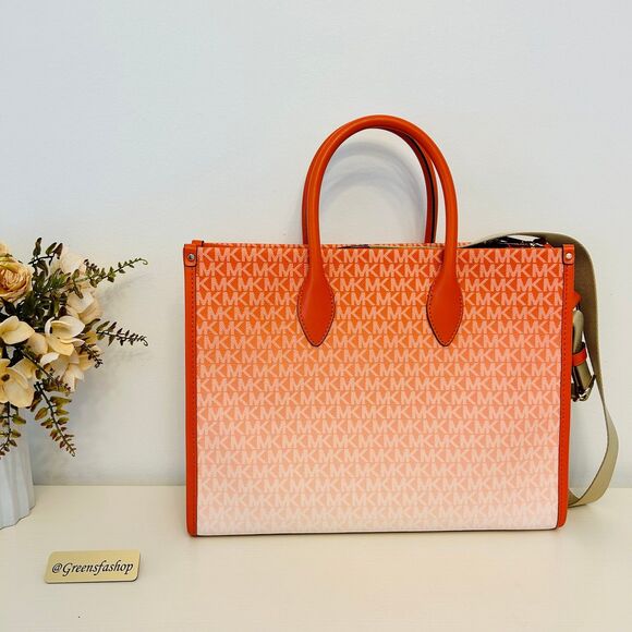 Michael Kors Purse Mirella Medium Ombré Logo Tote Bag Red Clay - Picture 4 of 8